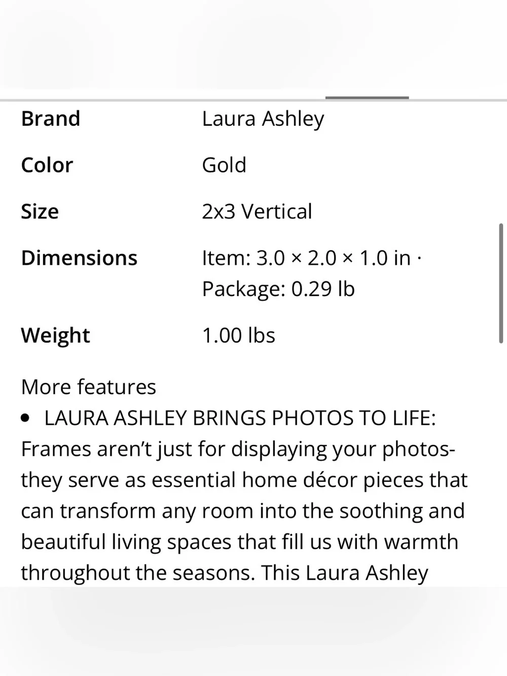 Laura Ashley Elegant Metal Picture Frame 2x3x1” GOLD